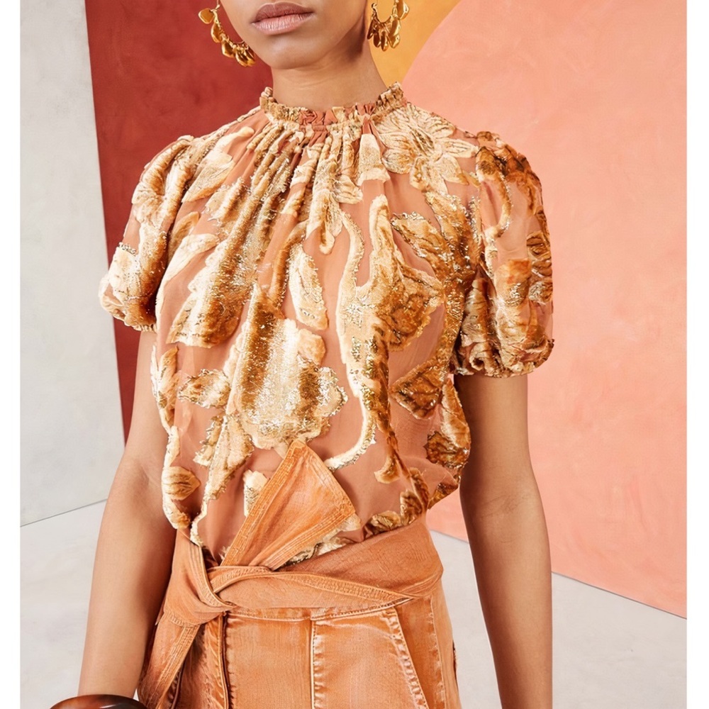 NWOT Ulla Johnson Puff-Sleeve Floral Metallic Paola Top